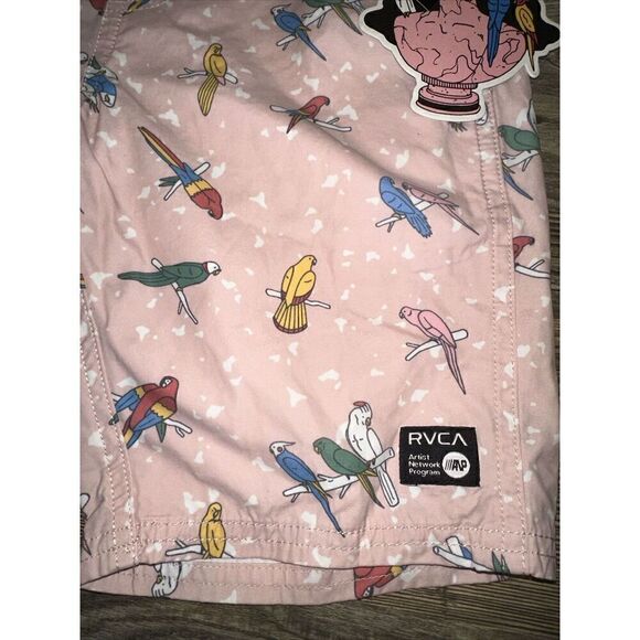 RVCA Mens XS Elastic Print Shorts Pink Parakeet Drawstring Waist. NWT. Q - Picture 2 of 6